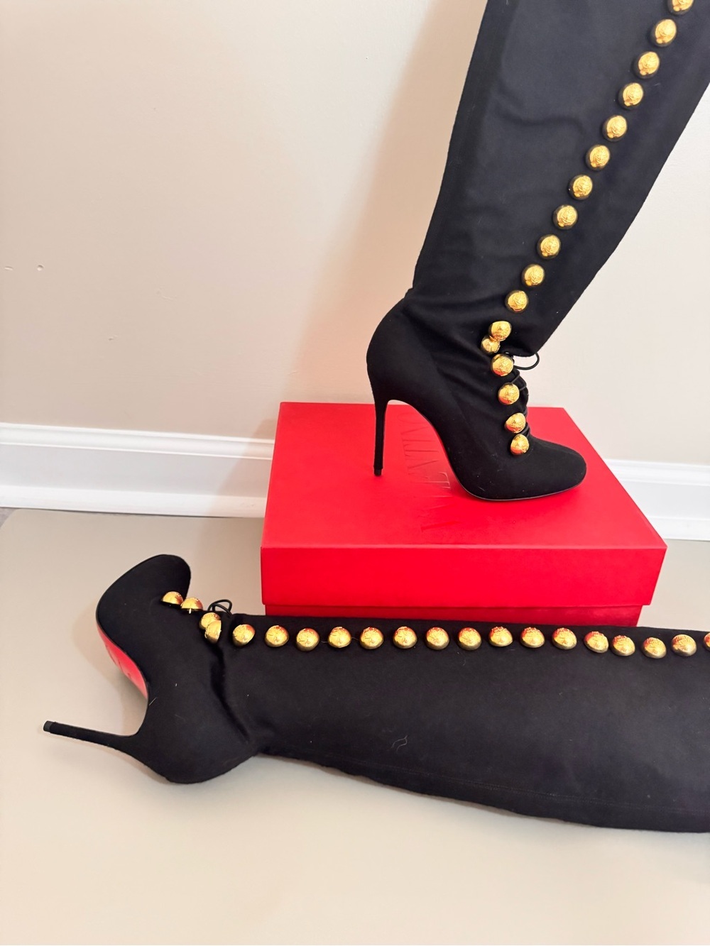 Christian Louboutin Ronfifi Supra Black Suede Gold Button OTK Boots 35.5 - Picture 5 of 10